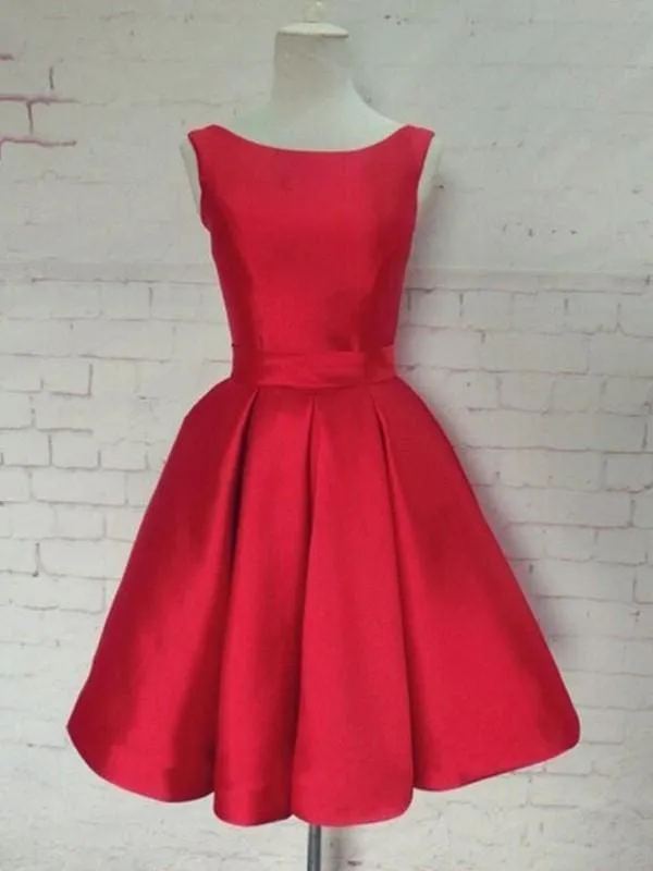 A-Line Satin Scoop Sleeveless Short/Mini Red Party Dress With Sash/Ribbon/Belt