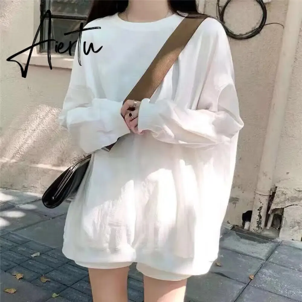 Aiertu Dark Green Letter Printing Sweatshirt Women Crewneck Long Sleeve Loose High Street Harajuku Hoodies Korean Fashion Autumn Winter