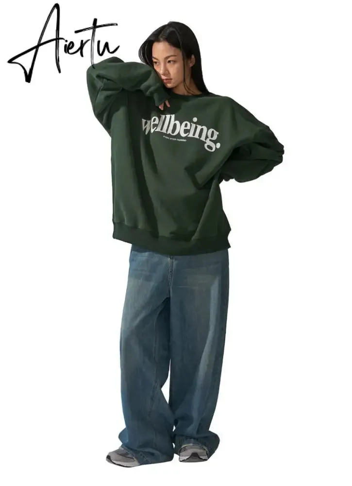 Aiertu Dark Green Letter Printing Sweatshirt Women Crewneck Long Sleeve Loose High Street Harajuku Hoodies Korean Fashion Autumn Winter