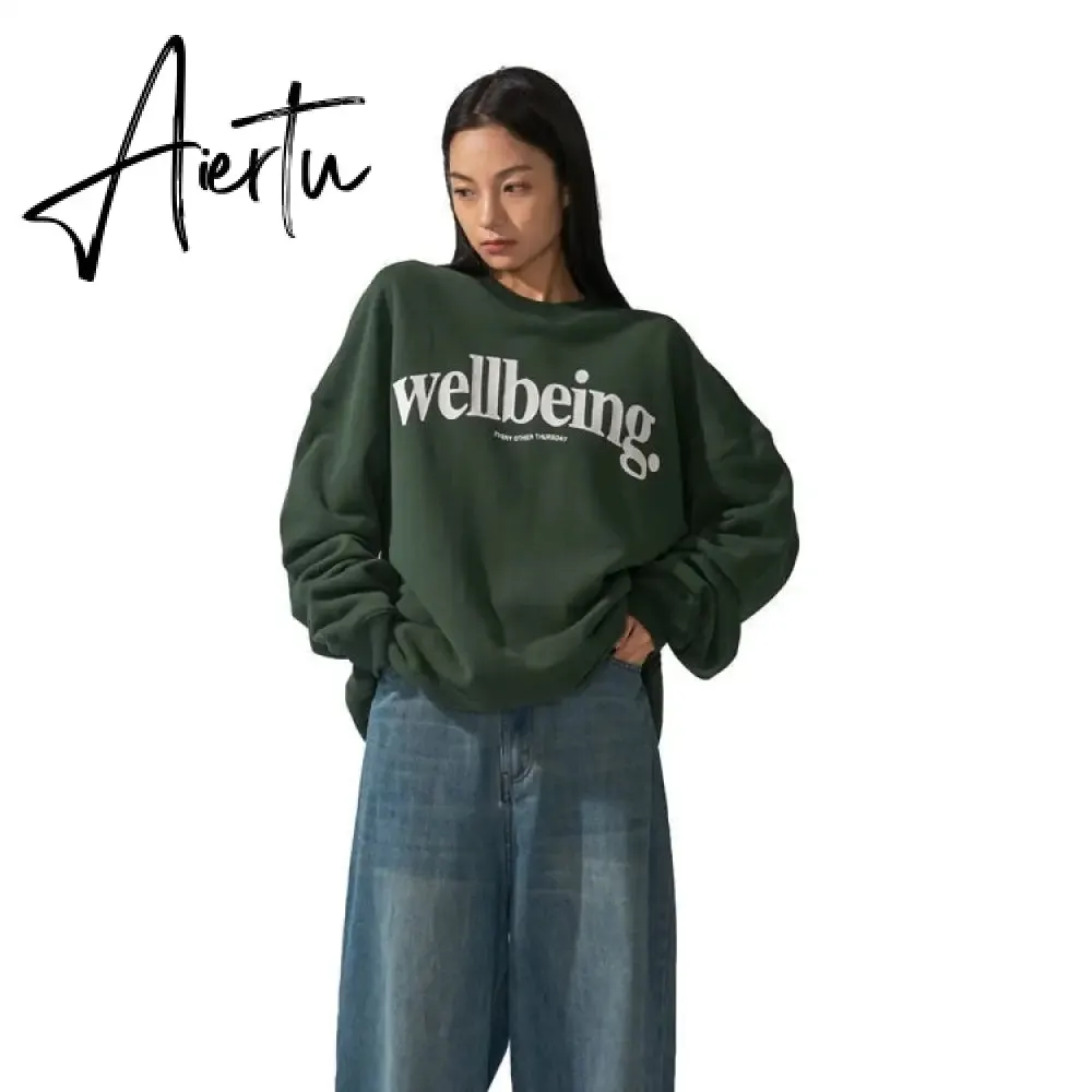 Aiertu Dark Green Letter Printing Sweatshirt Women Crewneck Long Sleeve Loose High Street Harajuku Hoodies Korean Fashion Autumn Winter