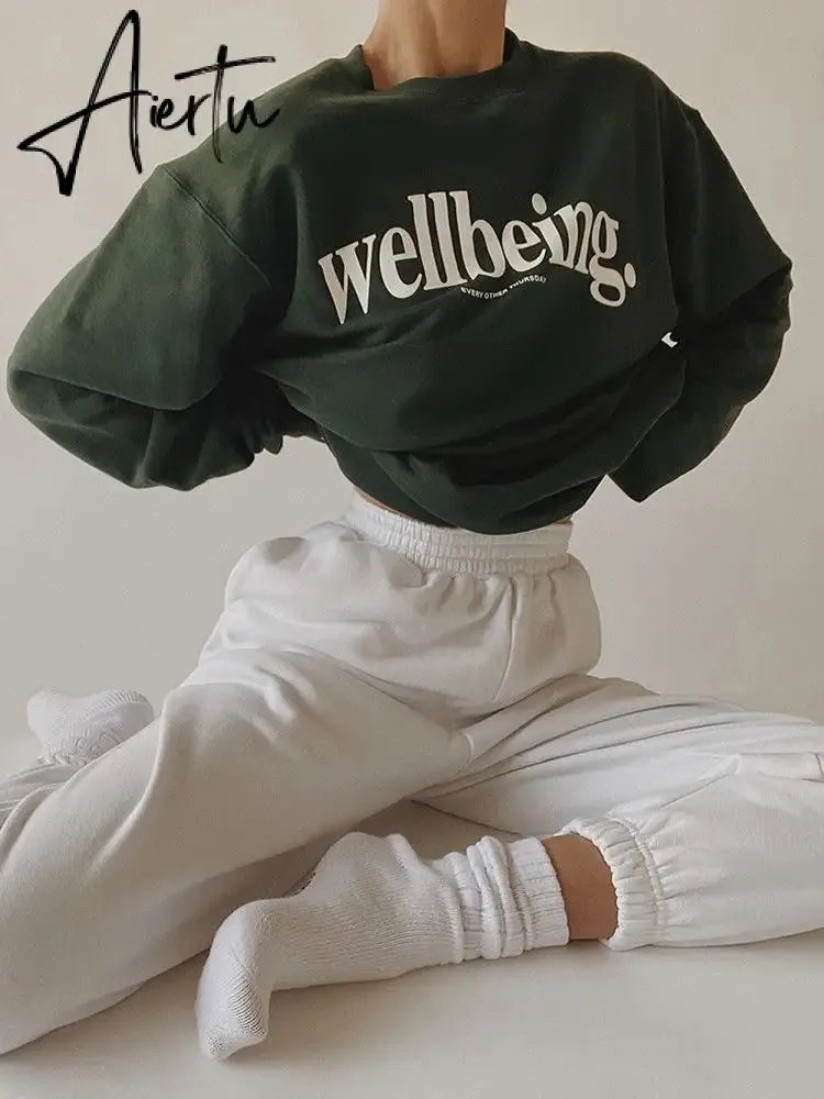Aiertu Dark Green Letter Printing Sweatshirt Women Crewneck Long Sleeve Loose High Street Harajuku Hoodies Korean Fashion Autumn Winter