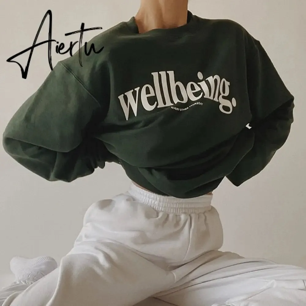 Aiertu Dark Green Letter Printing Sweatshirt Women Crewneck Long Sleeve Loose High Street Harajuku Hoodies Korean Fashion Autumn Winter