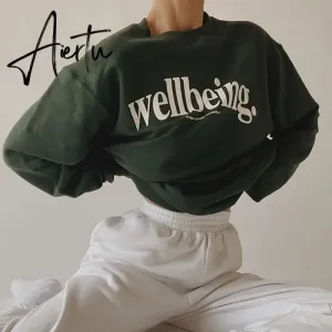 Aiertu Dark Green Letter Printing Sweatshirt Women Crewneck Long Sleeve Loose High Street Harajuku Hoodies Korean Fashion Autumn Winter