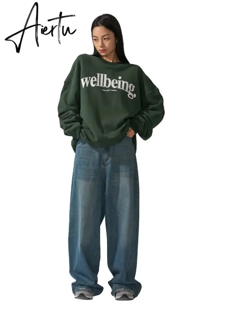 Aiertu Dark Green Letter Printing Sweatshirt Women Crewneck Long Sleeve Loose High Street Harajuku Hoodies Korean Fashion Autumn Winter
