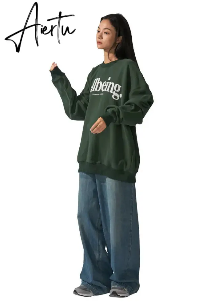 Aiertu Dark Green Letter Printing Sweatshirt Women Crewneck Long Sleeve Loose High Street Harajuku Hoodies Korean Fashion Autumn Winter
