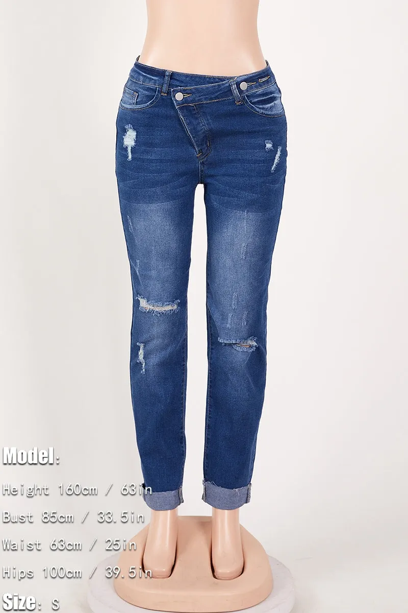 Asymmetrical Zip Ripped Knee Jeans(S-2XL)