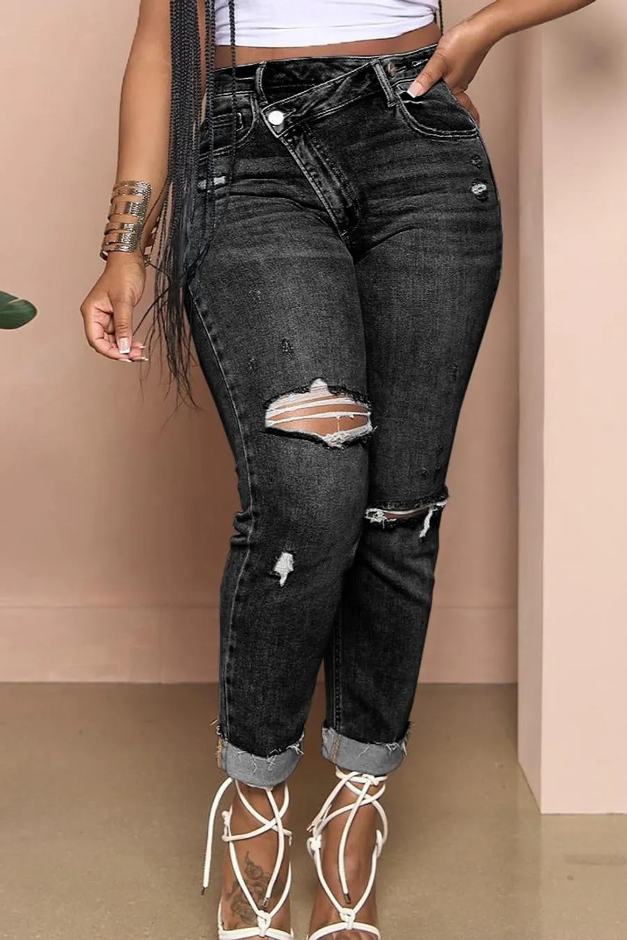 Asymmetrical Zip Ripped Knee Jeans(S-2XL)
