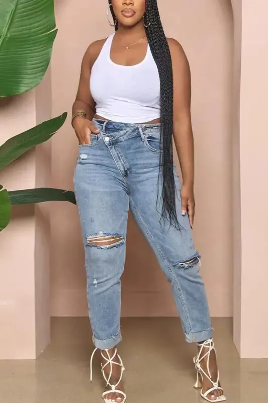 Asymmetrical Zip Ripped Knee Jeans(S-2XL)