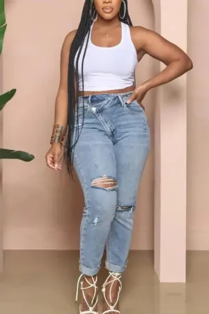 Asymmetrical Zip Ripped Knee Jeans(S-2XL)