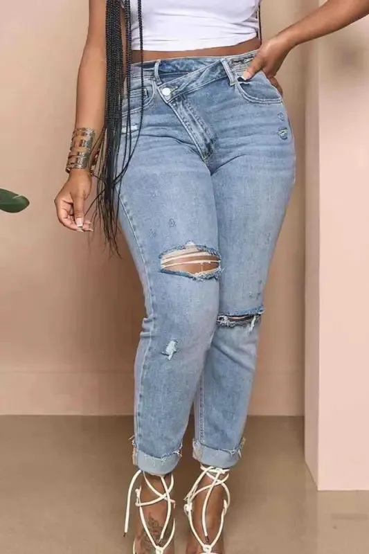 Asymmetrical Zip Ripped Knee Jeans(S-2XL)