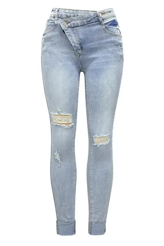 Asymmetrical Zip Ripped Knee Jeans(S-2XL)