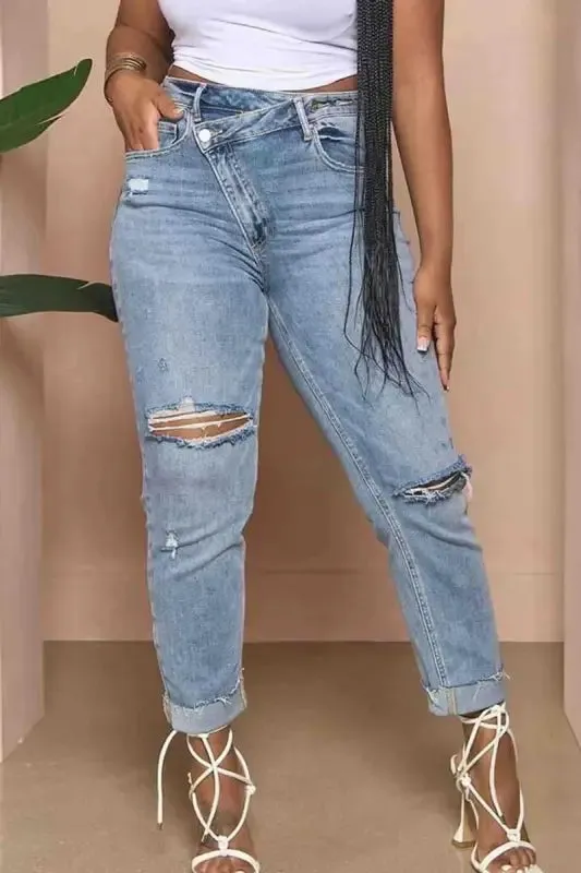 Asymmetrical Zip Ripped Knee Jeans(S-2XL)