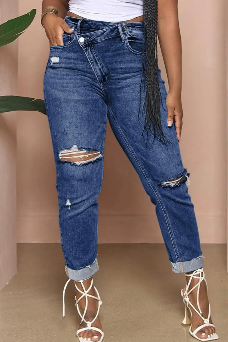 Asymmetrical Zip Ripped Knee Jeans(S-2XL)