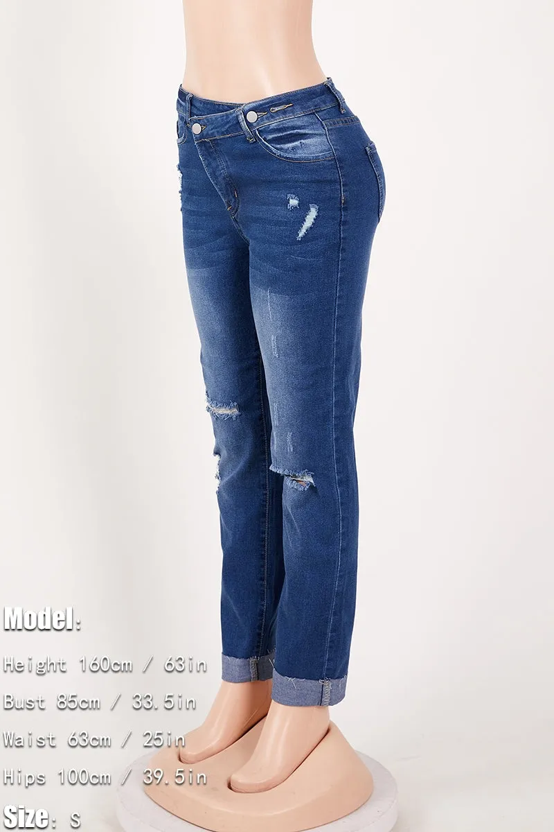 Asymmetrical Zip Ripped Knee Jeans(S-2XL)