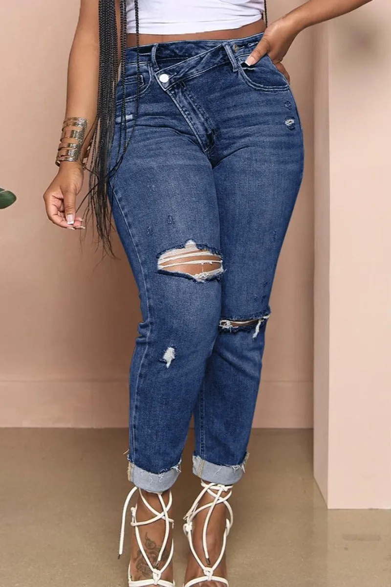 Asymmetrical Zip Ripped Knee Jeans(S-2XL)