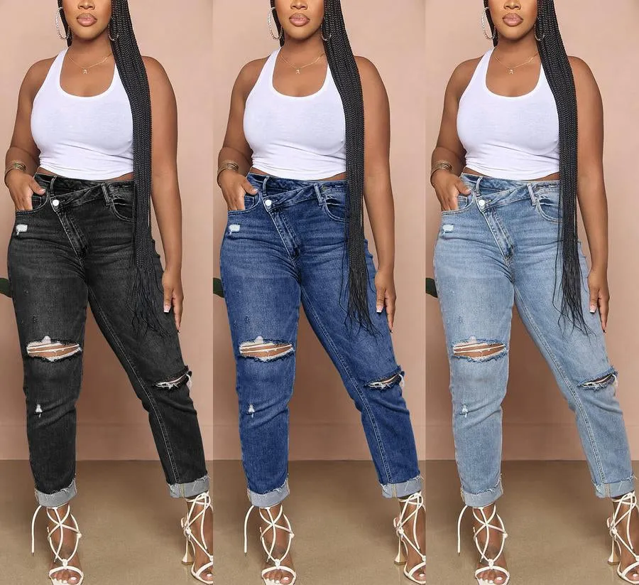 Asymmetrical Zip Ripped Knee Jeans(S-2XL)