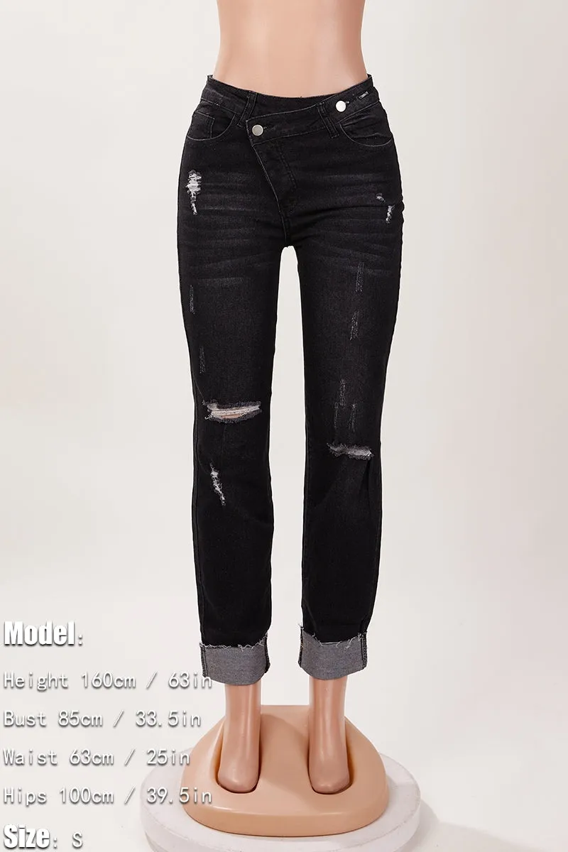 Asymmetrical Zip Ripped Knee Jeans(S-2XL)