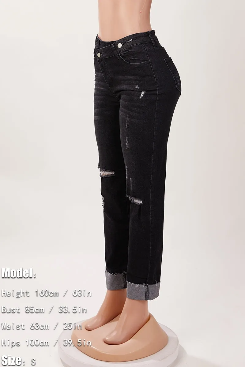 Asymmetrical Zip Ripped Knee Jeans(S-2XL)