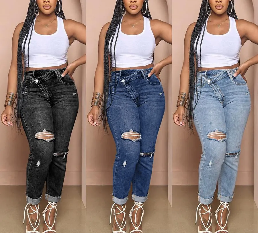 Asymmetrical Zip Ripped Knee Jeans(S-2XL)