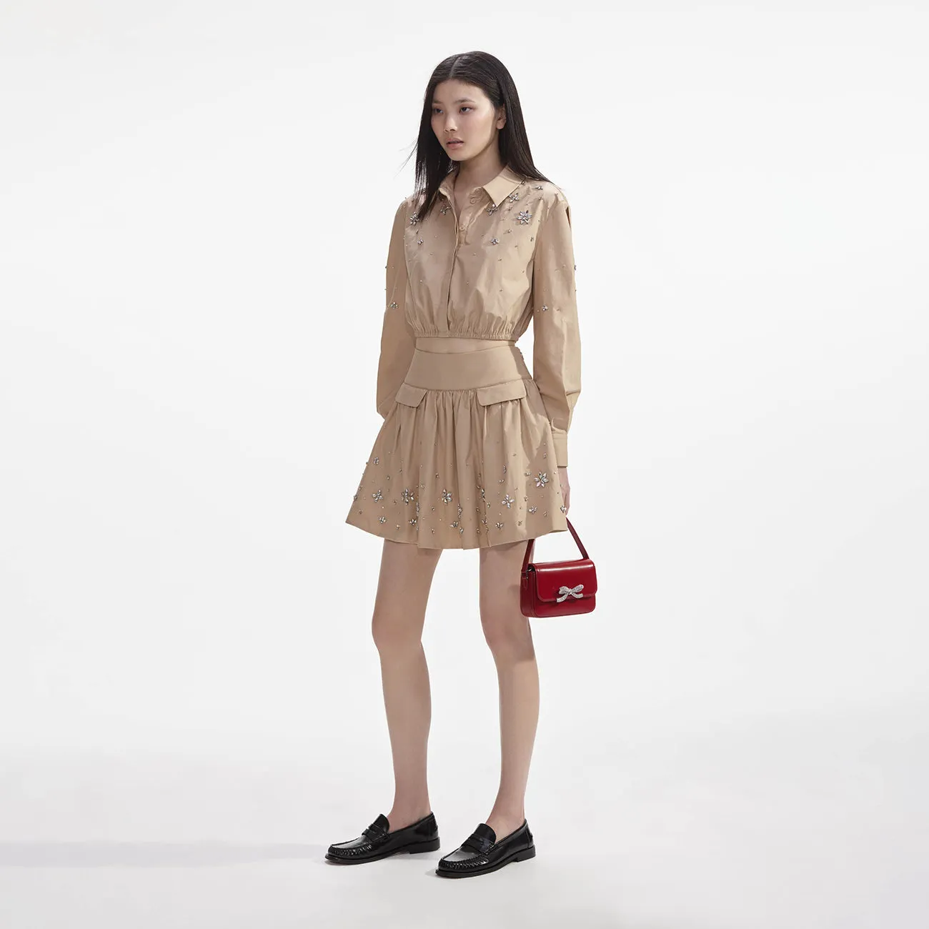 BEIGE COTTON EMBELLISHED MINI SKIRT