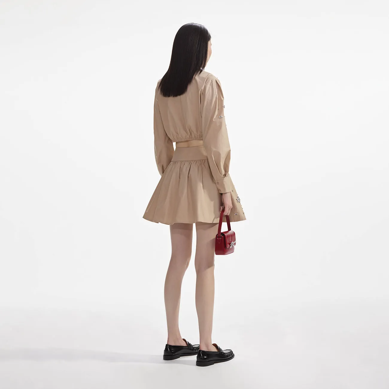 BEIGE COTTON EMBELLISHED MINI SKIRT