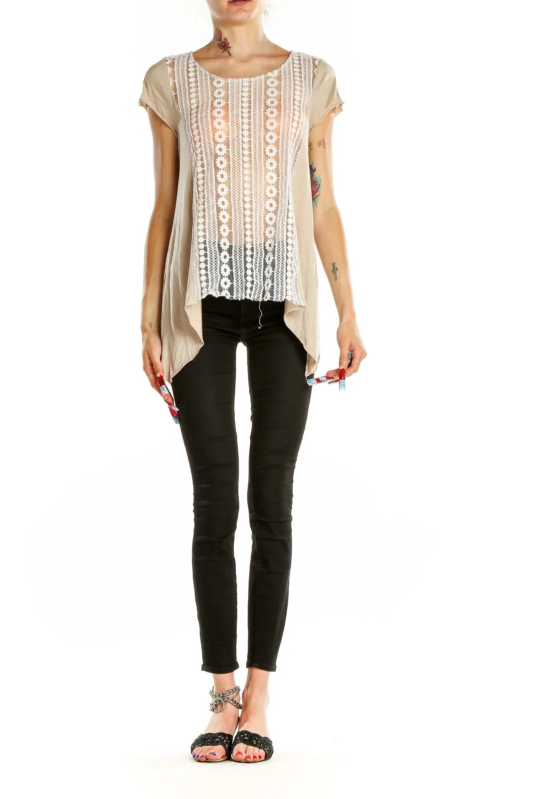 Beige Lace Panel Asymmetric Top