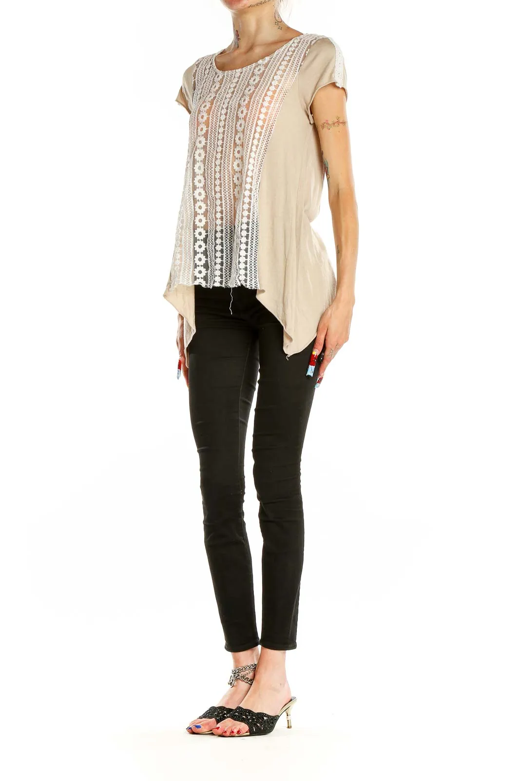 Beige Lace Panel Asymmetric Top