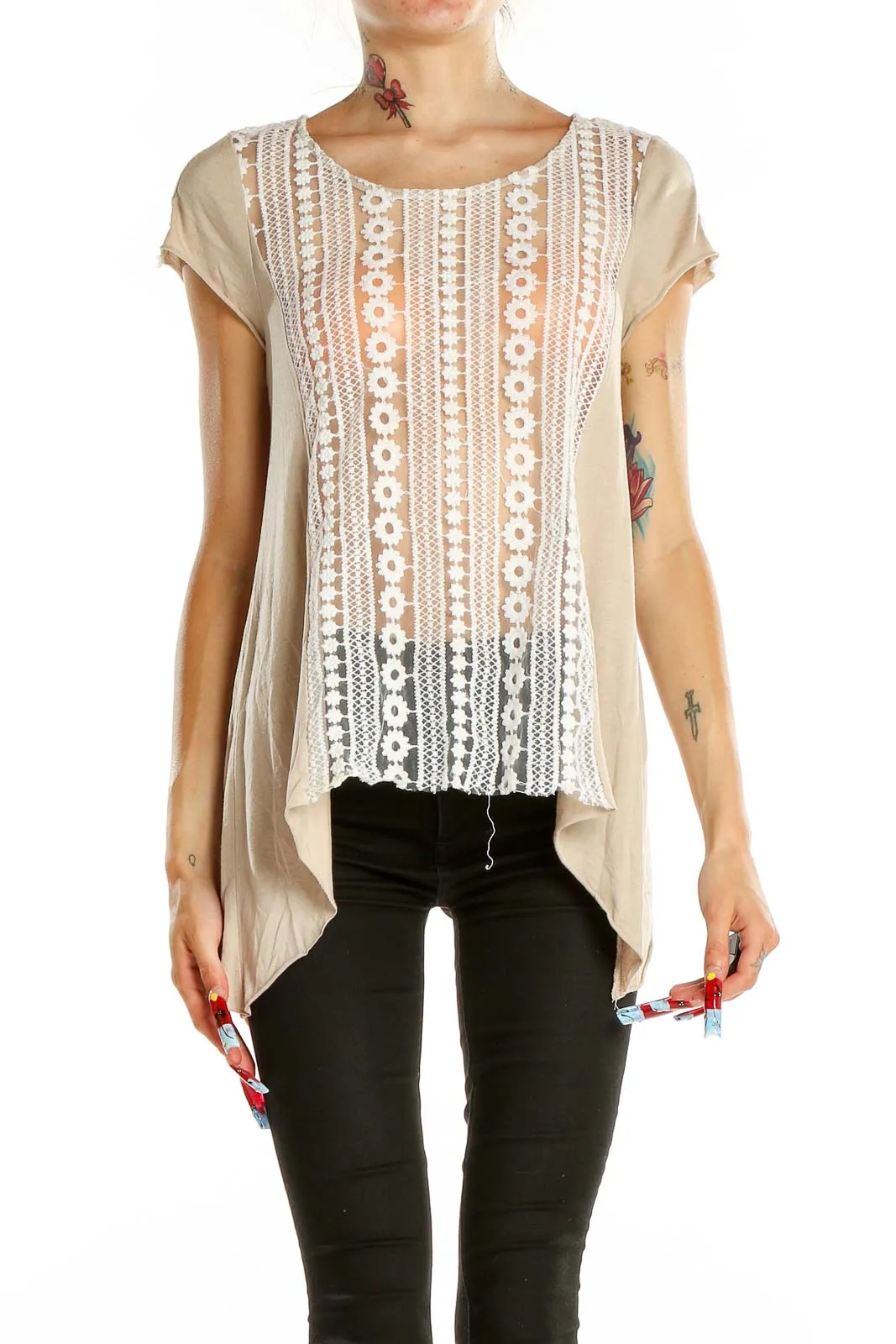 Beige Lace Panel Asymmetric Top