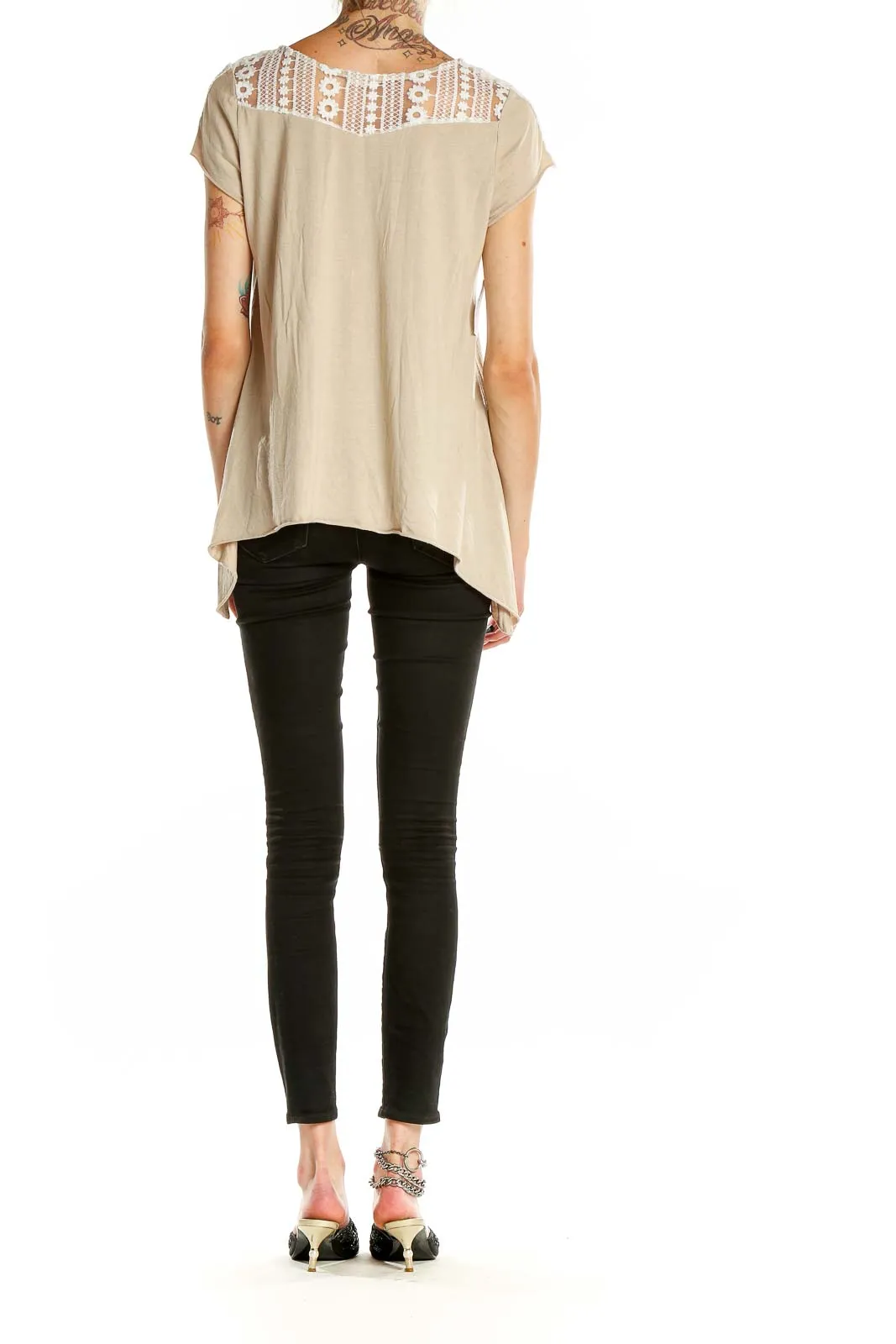 Beige Lace Panel Asymmetric Top