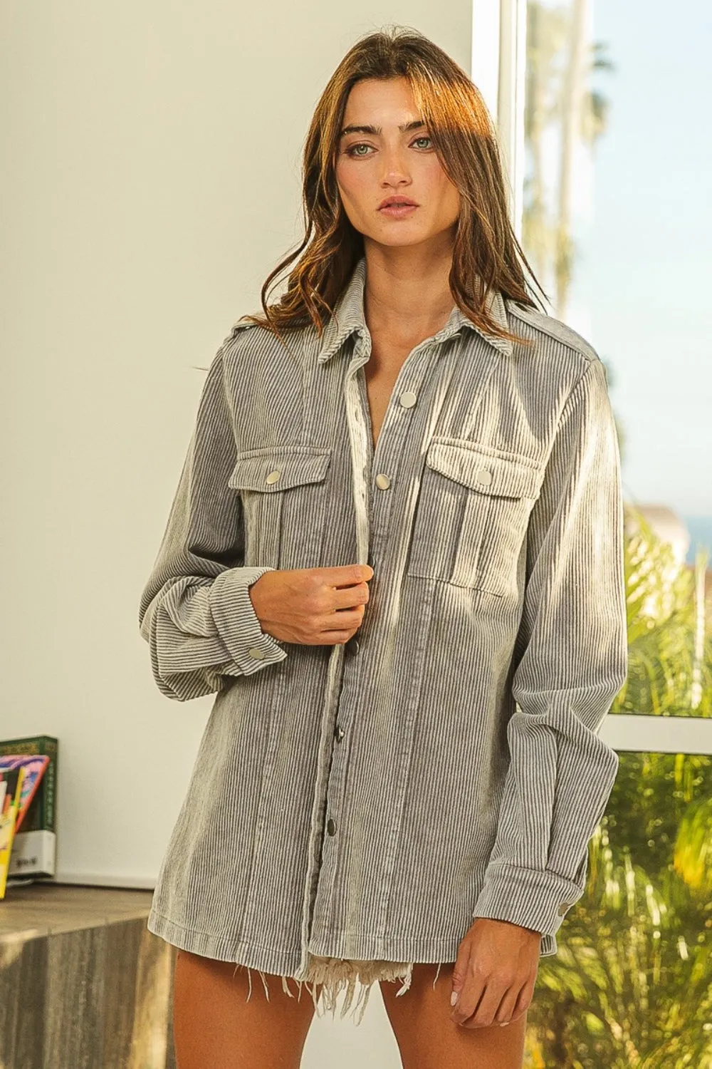 BiBi Grey Button Up Corduroy Shacket