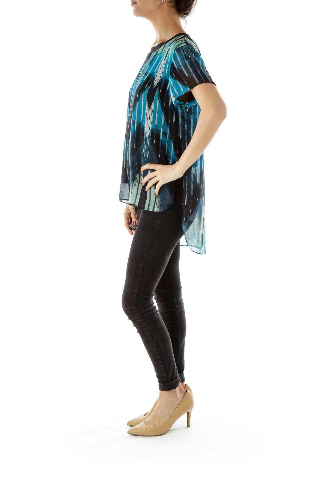 Black Round Neck Blue Print Flared Blouse