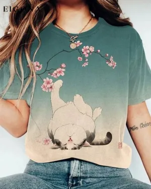 Cat floral print casual T-shirt