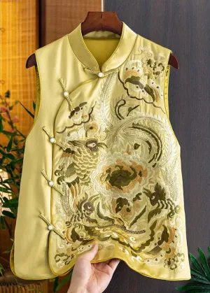 Chic Yellow Stand Collar Embroideried Side Open Silk Waistcoat Fall ML1425