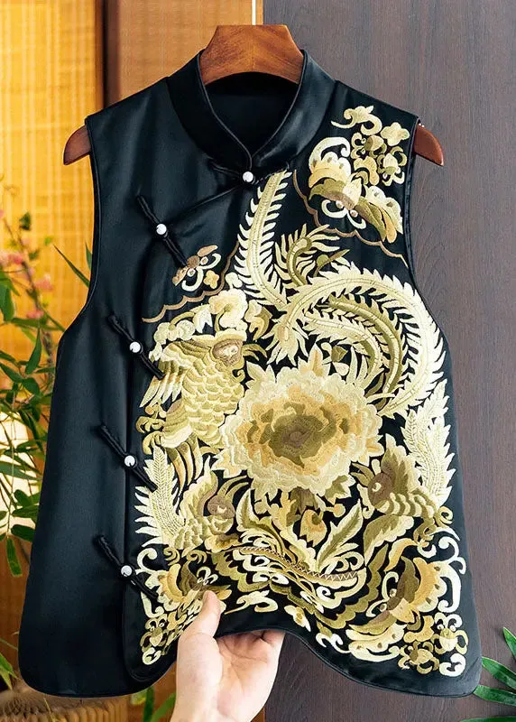 Chic Yellow Stand Collar Embroideried Side Open Silk Waistcoat Fall ML1425