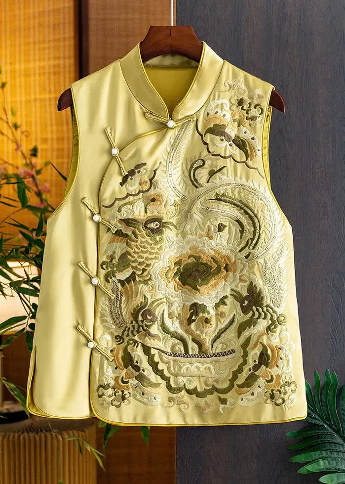 Chic Yellow Stand Collar Embroideried Side Open Silk Waistcoat Fall ML1425