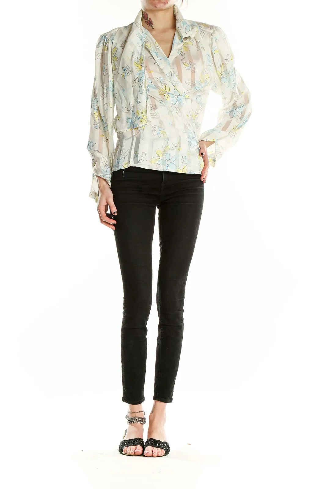 Cream Floral Sheer Wrap Blouse