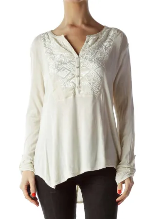 Cream Front Jacquard Buttoned Long Sleeve Top