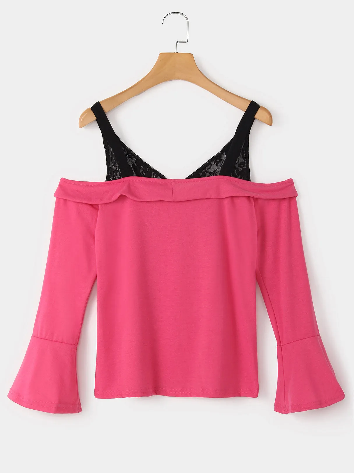 Custom Cold Shoulder Pullover Lace Long Sleeve Pink T-Shirts