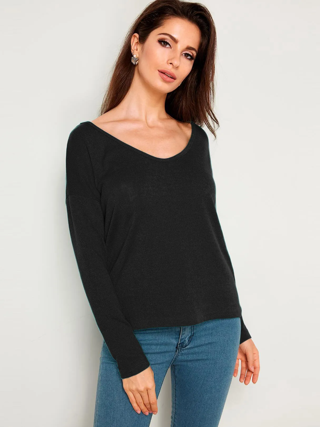 Custom Plain V-Neck Long Sleeves Loose T-shirts