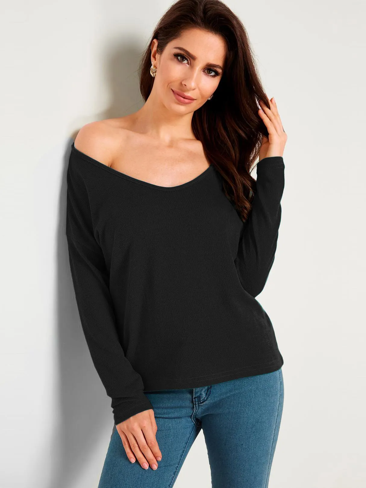Custom Plain V-Neck Long Sleeves Loose T-shirts