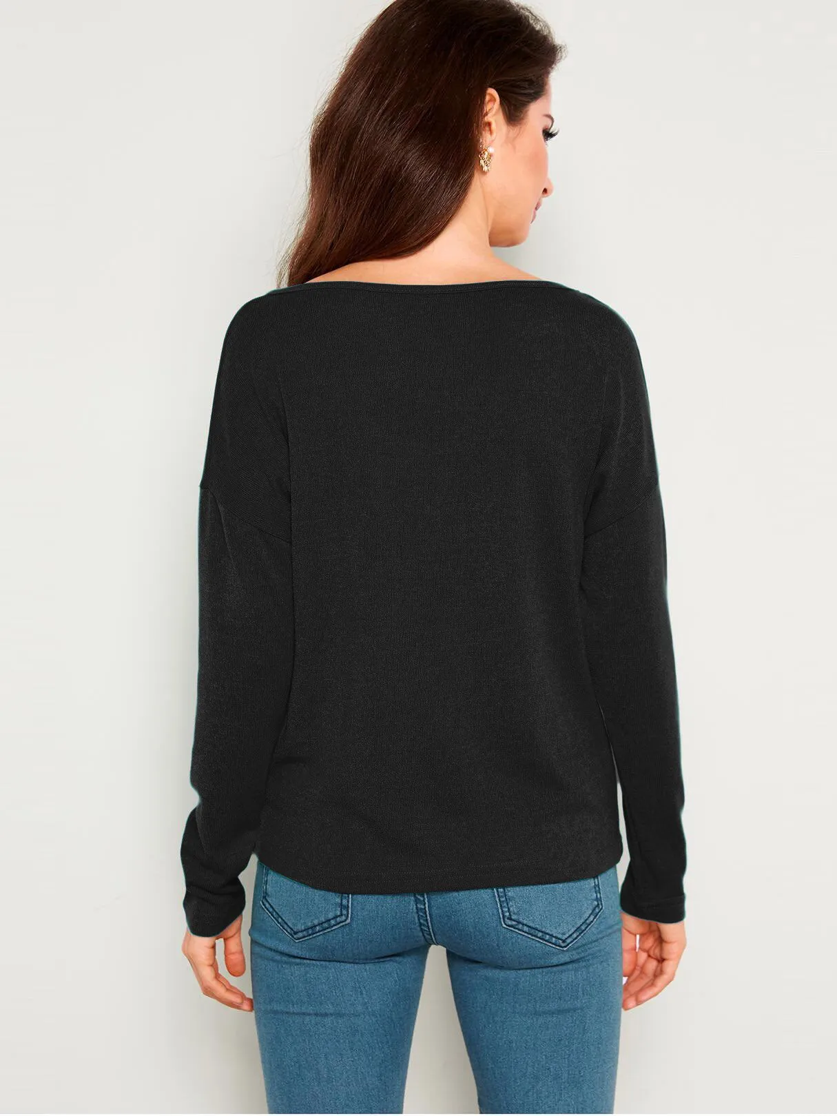 Custom Plain V-Neck Long Sleeves Loose T-shirts