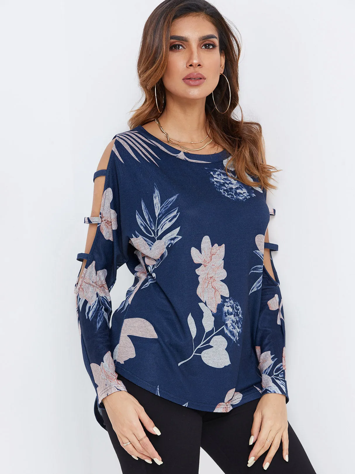 Custom Round Neck Floral Print Cut Out Long Sleeve Navy Top