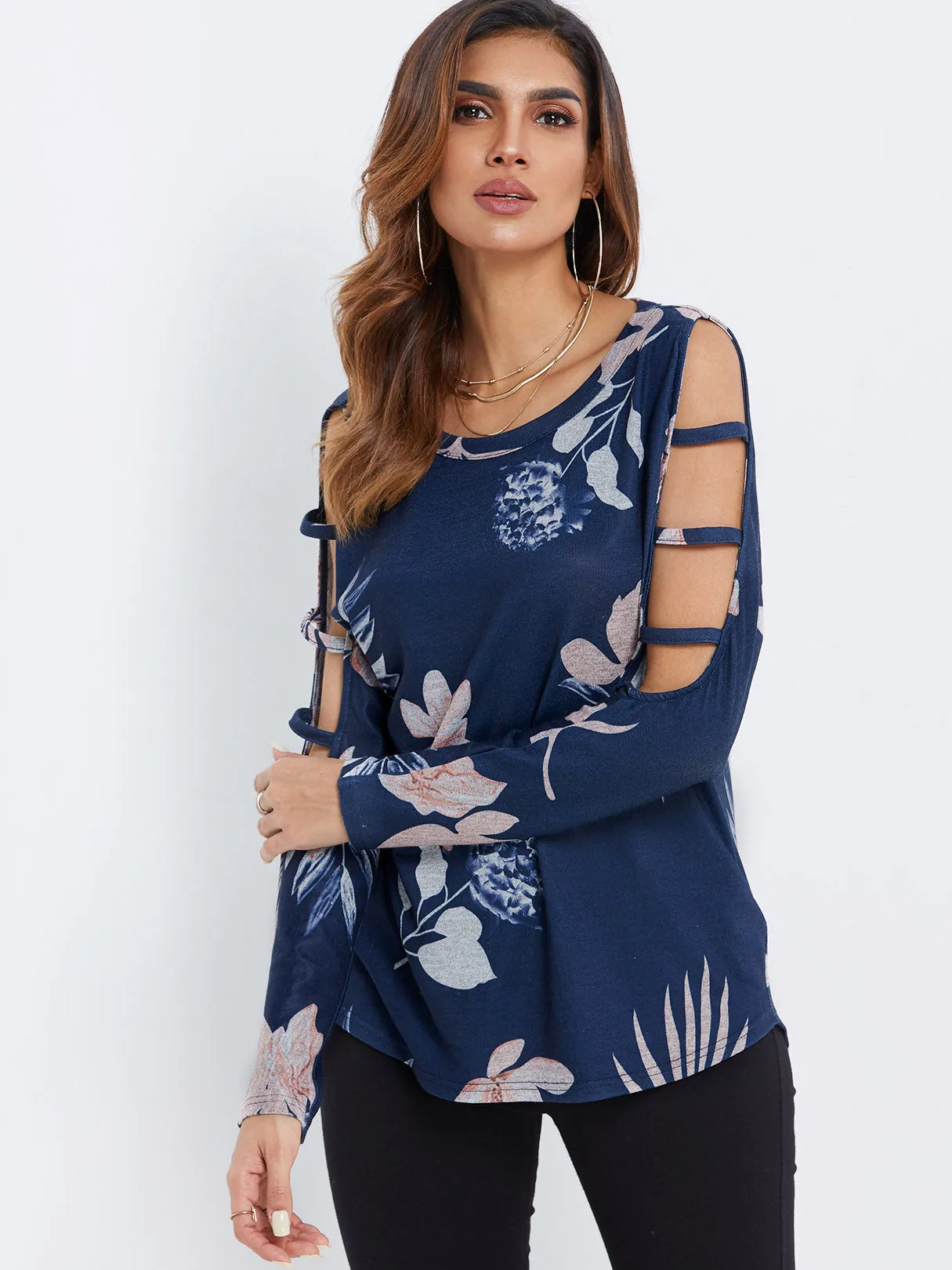 Custom Round Neck Floral Print Cut Out Long Sleeve Navy Top
