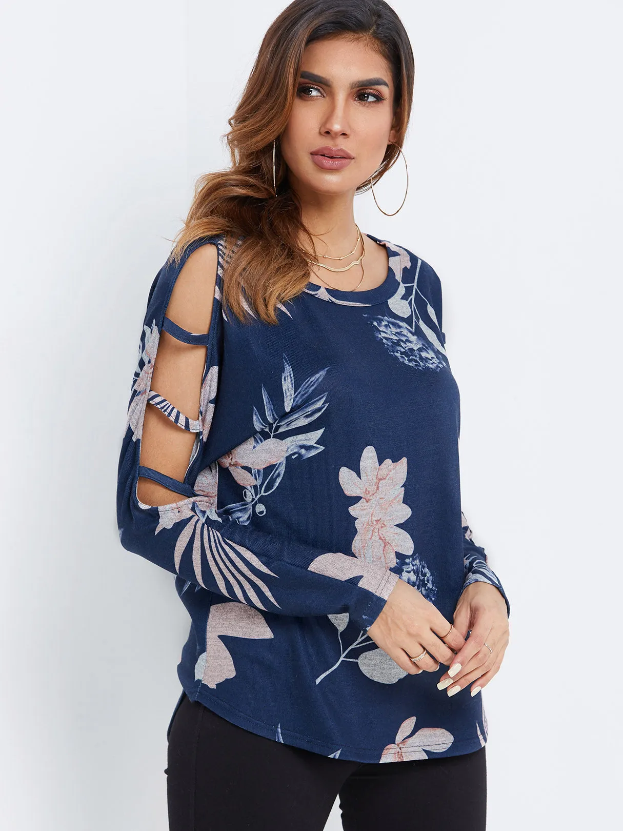 Custom Round Neck Floral Print Cut Out Long Sleeve Navy Top