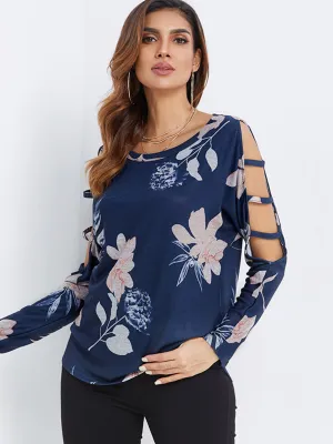 Custom Round Neck Floral Print Cut Out Long Sleeve Navy Top