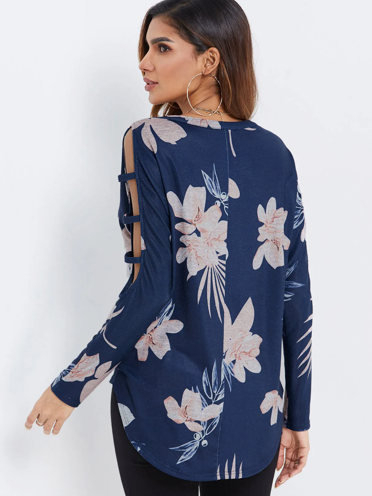 Custom Round Neck Floral Print Cut Out Long Sleeve Navy Top