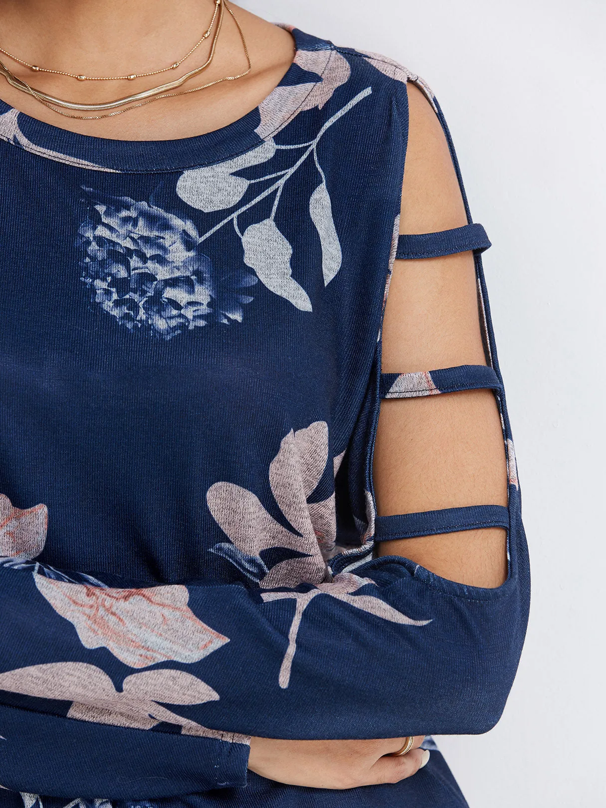 Custom Round Neck Floral Print Cut Out Long Sleeve Navy Top