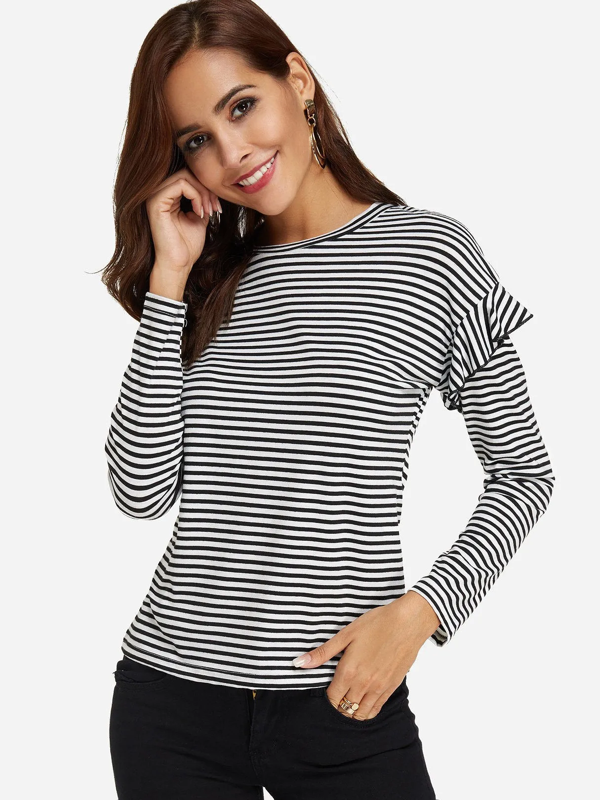 Custom Round Neck Stripe Long Sleeve Black T-Shirts
