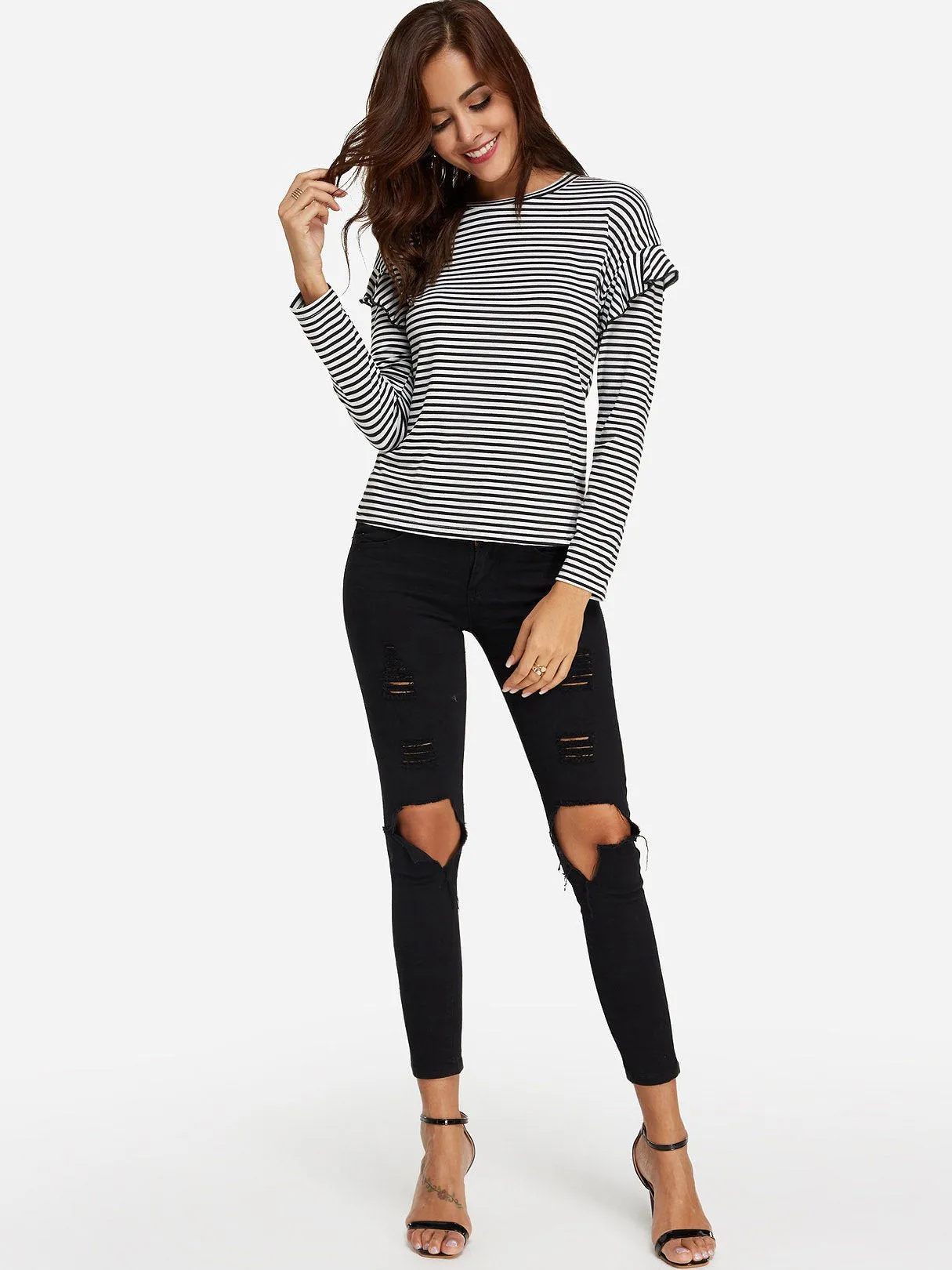 Custom Round Neck Stripe Long Sleeve Black T-Shirts