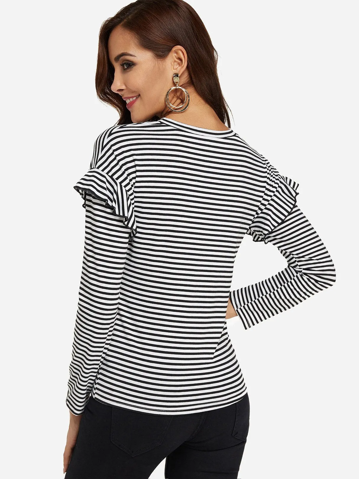Custom Round Neck Stripe Long Sleeve Black T-Shirts